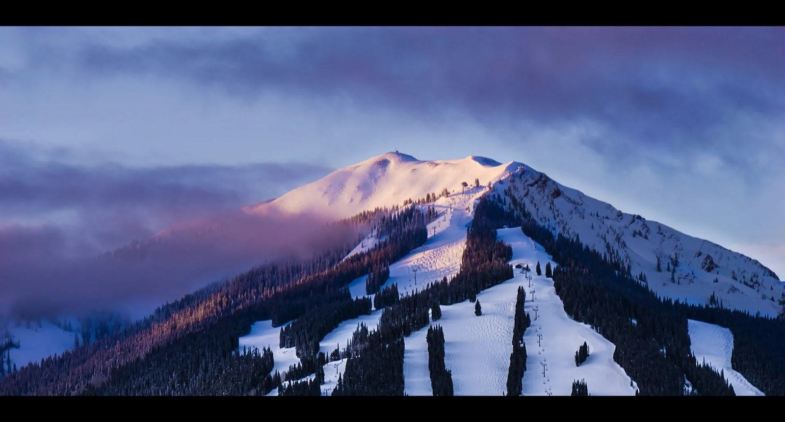 Aspen Mountain at dusk above the Roaring Fork Valley in winter