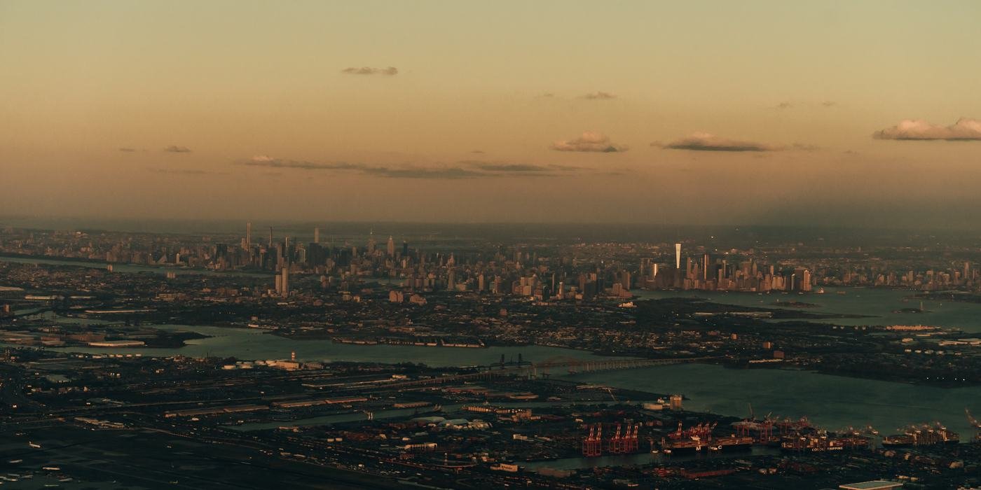 The New York skyline and harbour seen from altitude at dusk