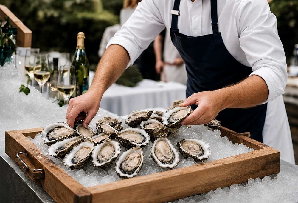 A chef arranging rows of fresh-shucked oysters on a wooden tray of crushed ice at an outdoor raw bar, with poured wine and sparkling wine on the bar behind