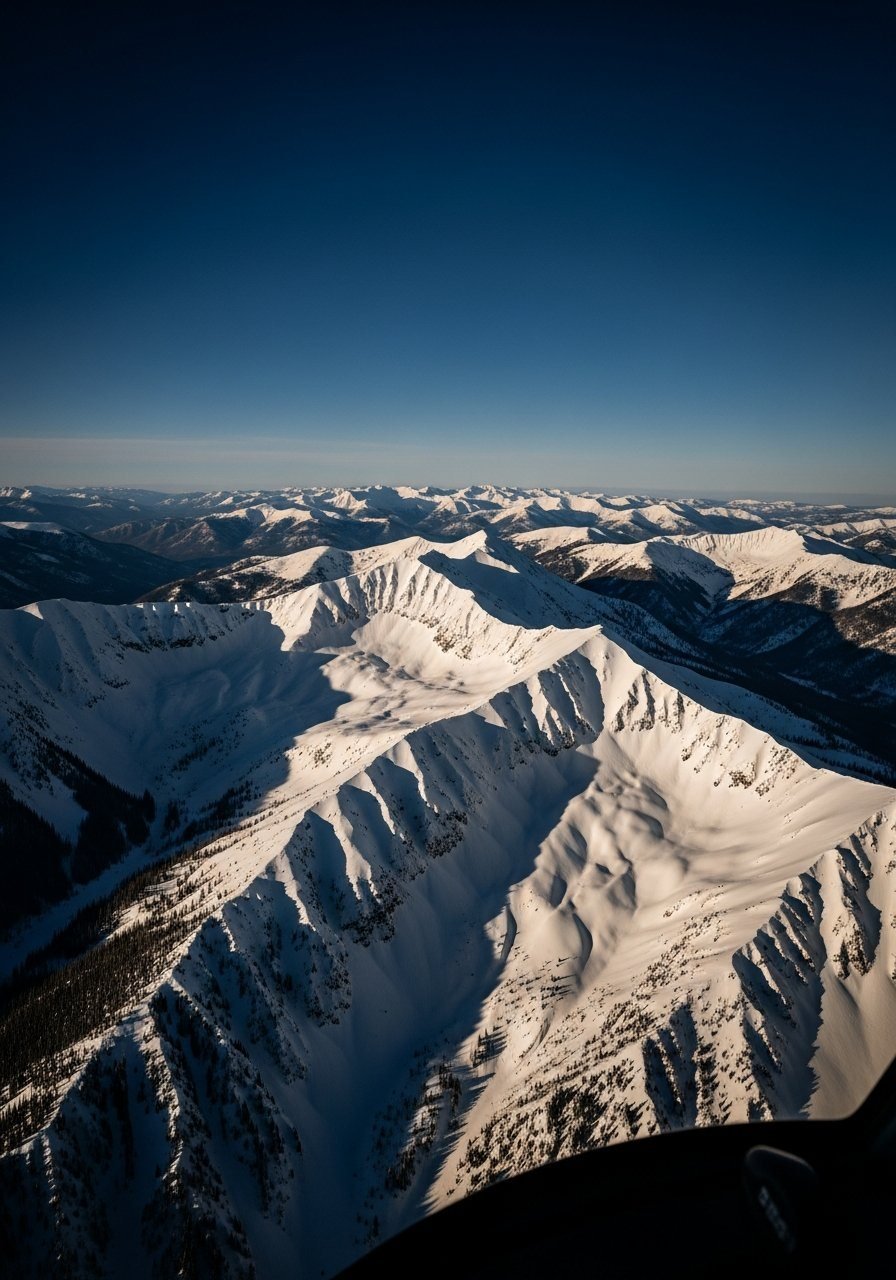 Snow-covered peaks seen from the air over the Colorado mountains