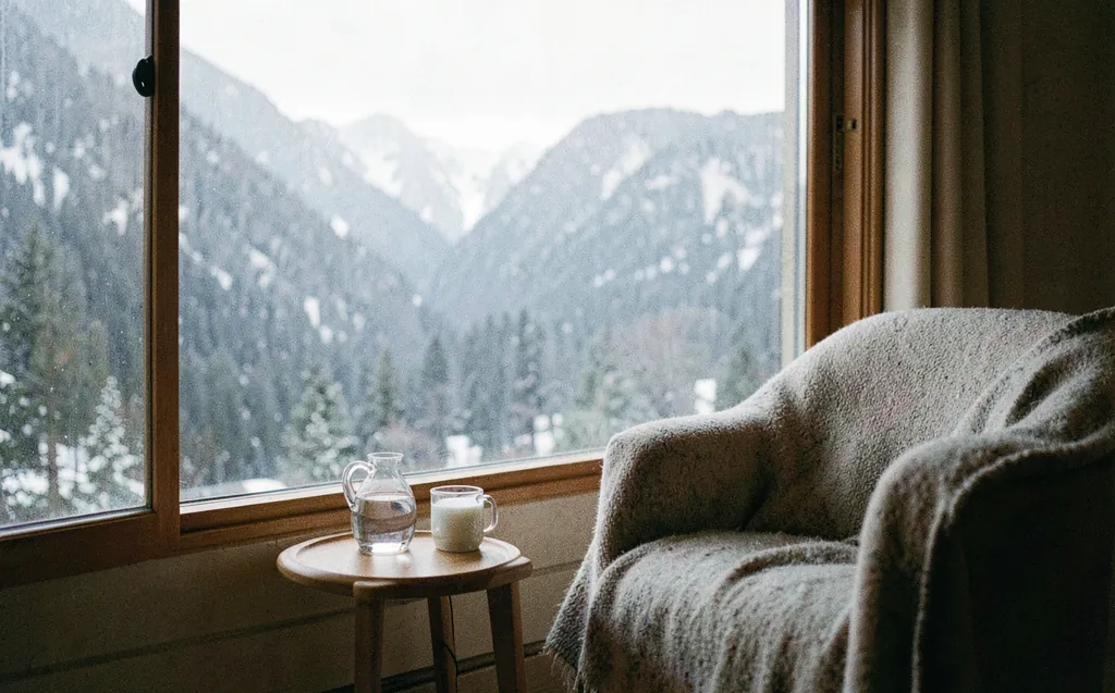 A water carafe by a window looking out on snowy mountains