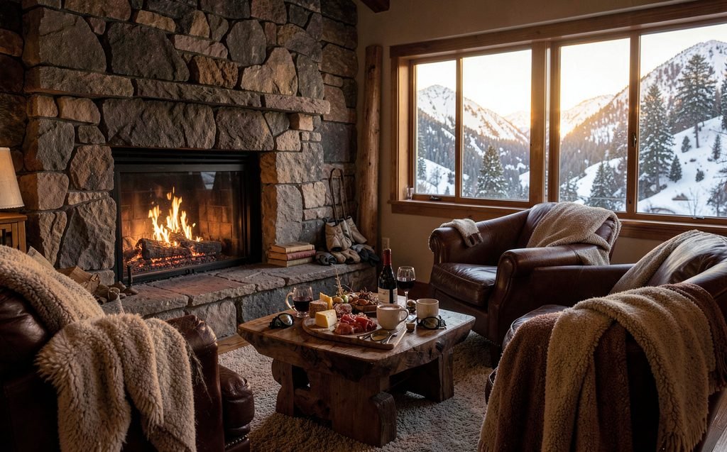 A fire lit in a mountain home living room, a cheese board, hot chocolate and wine set out, ski gloves drying on the hearth