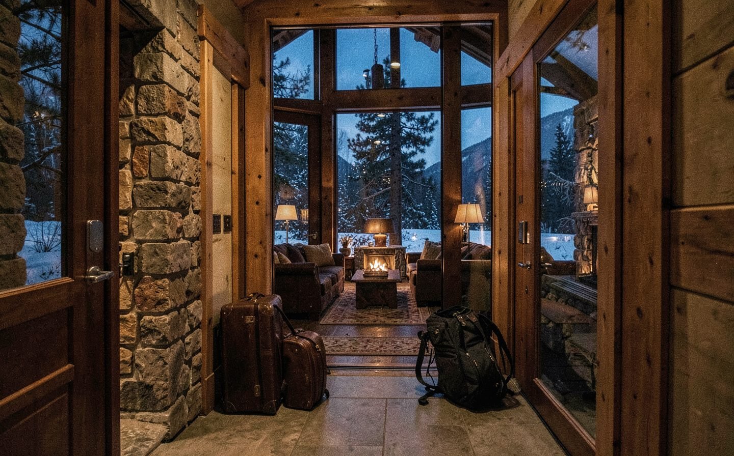 Suitcases in a mountain home's entry, a fire lit beyond