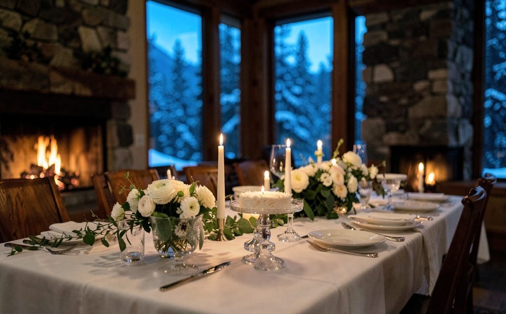 A dining table in a mountain home set for a celebration, with candles, white flowers and a small cake