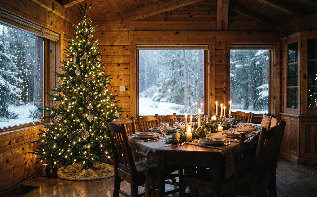 A lit Christmas tree beside a candlelit dining table in a timber home
