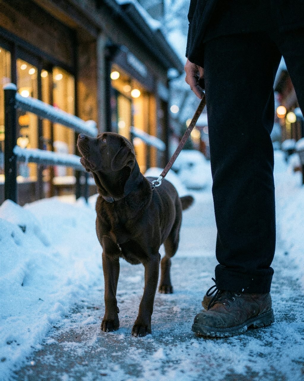 A chocolate Labrador on a leash on a snowy sidewalk at dusk