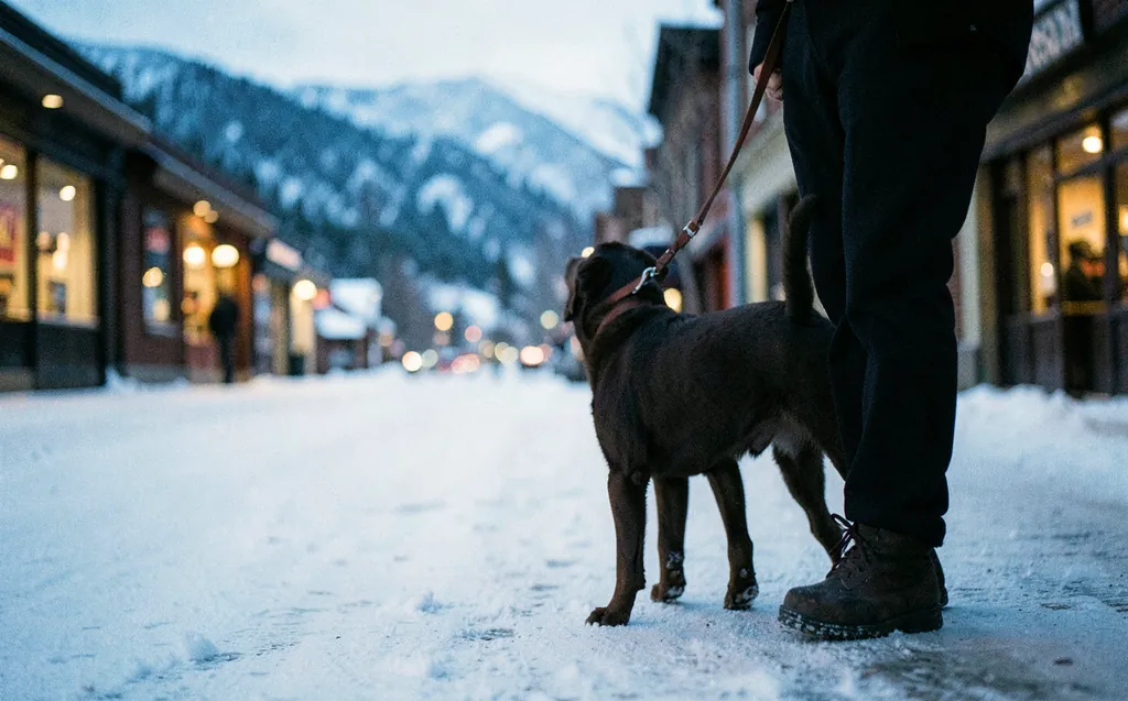 A chocolate Labrador on a leash on a snowy mountain-town street