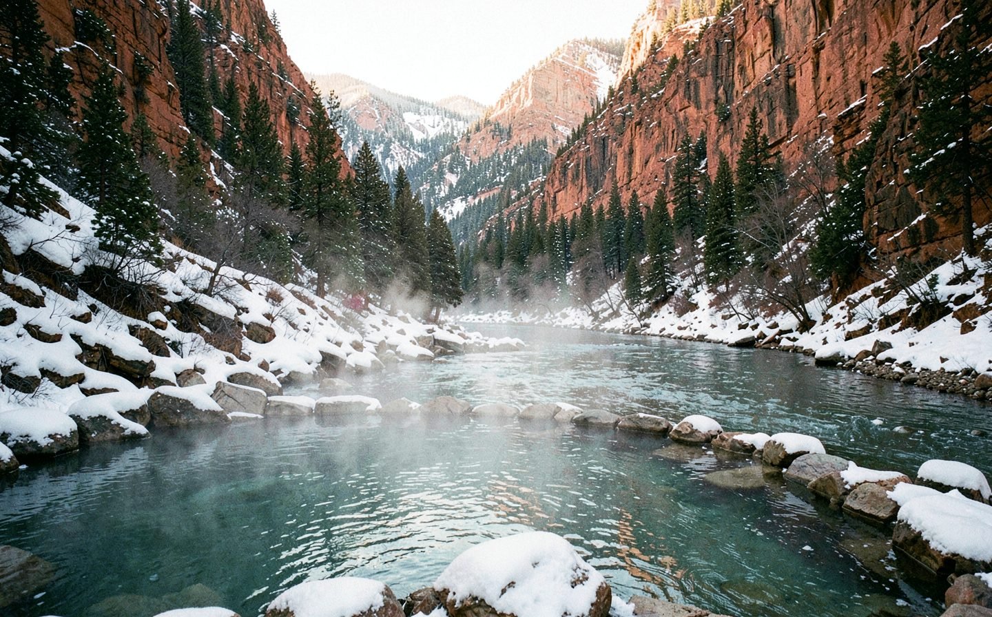 Steam rising off a natural hot spring pool in a snowy red-walled canyon