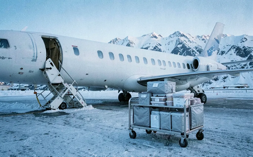 Insulated catering bags on a cart beside a private jet on a snowy mountain airport ramp