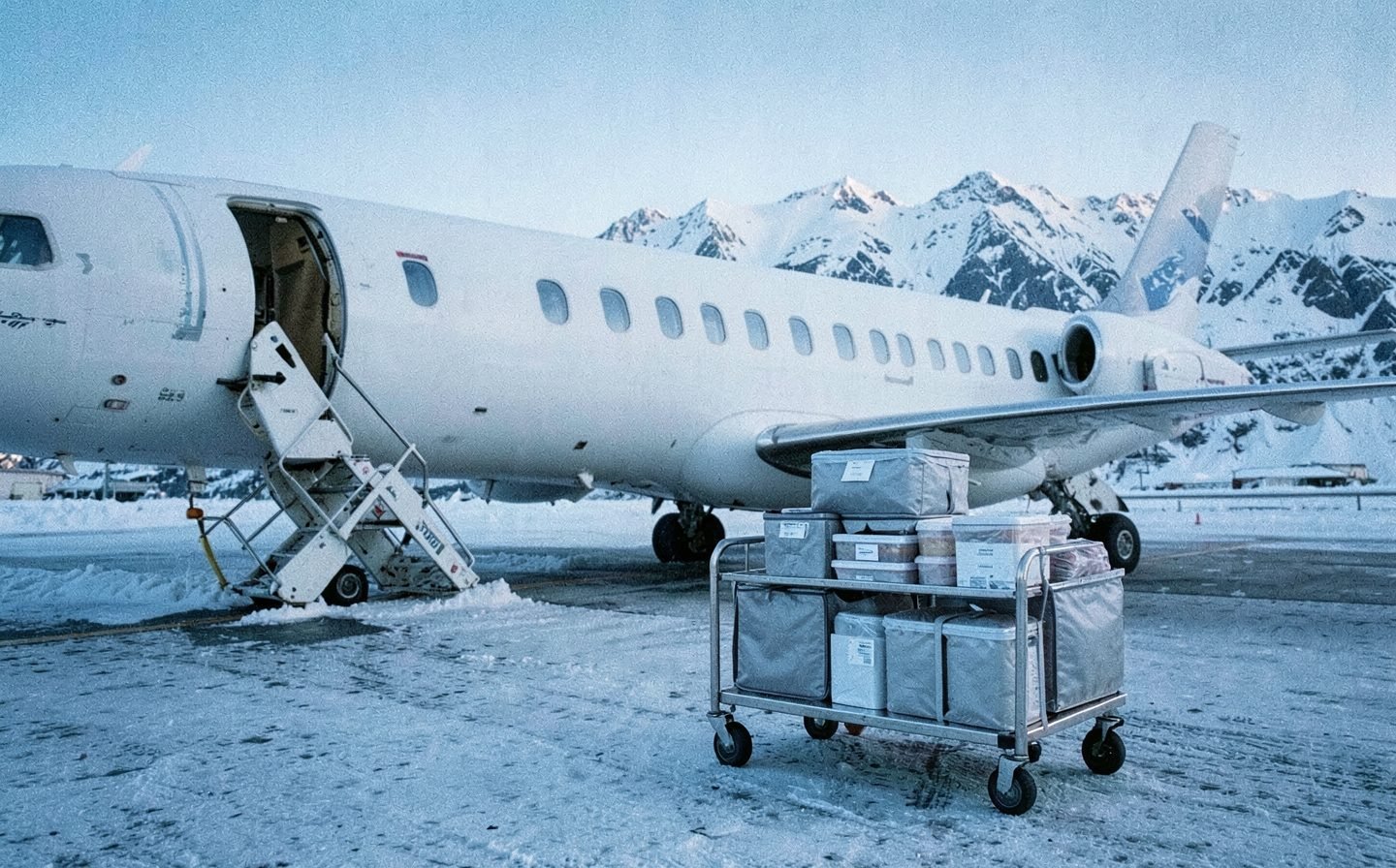Insulated catering bags on a cart beside a private jet on a snowy mountain airport ramp
