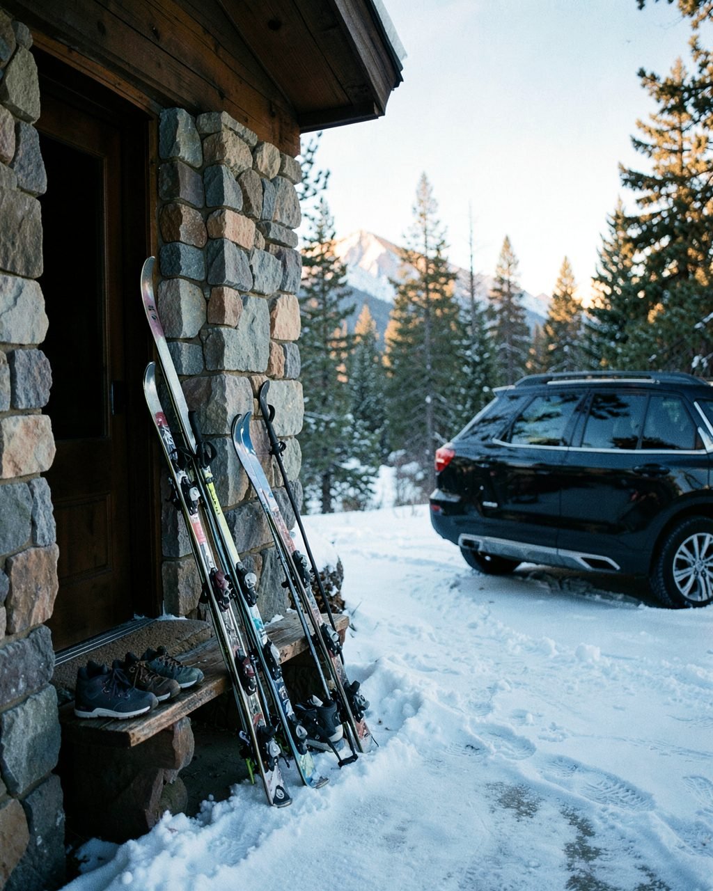Skis leaning by the stone entry of a mountain home, a dark SUV waiting in the snowy driveway