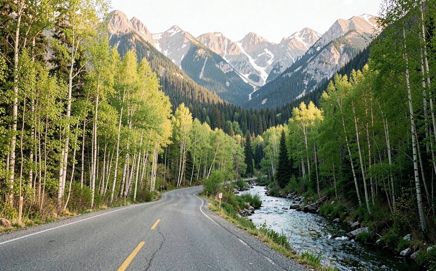 A mountain road through fresh green aspen trees beside a river, snow-streaked peaks beyond, early summer in Colorado