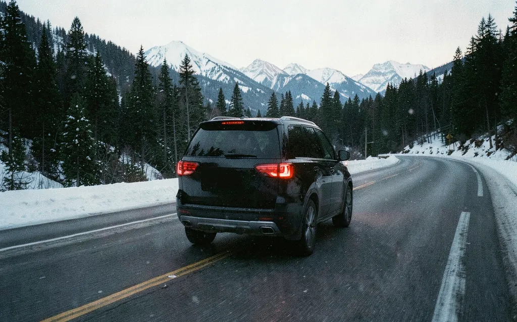 A black SUV driving along a snowy mountain highway at dusk, tail lights glowing