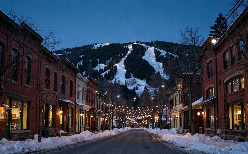 A mountain town street of brick buildings at winter dusk, a ski mountain rising behind