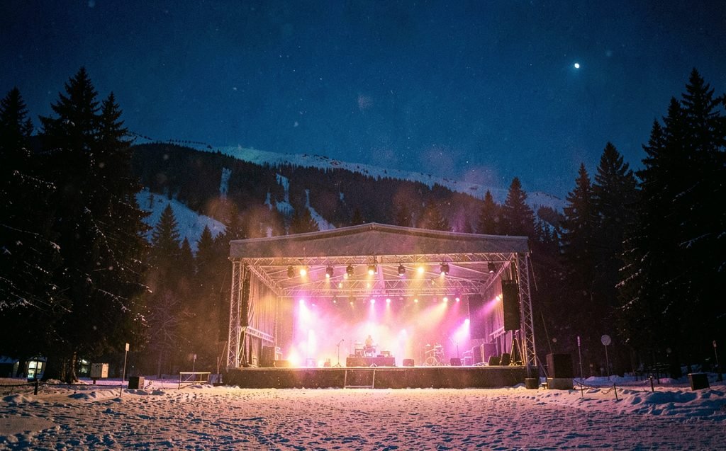 An outdoor winter stage glowing with warm lights over snow at night, spruce trees and a mountain behind