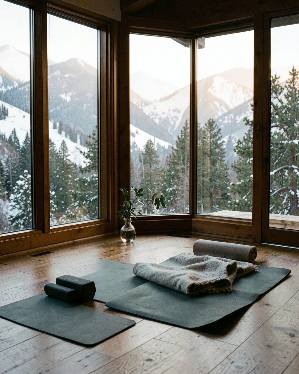 Yoga mats, blocks and a blanket laid out by tall windows in a mountain home, snowy slopes outside at sunrise