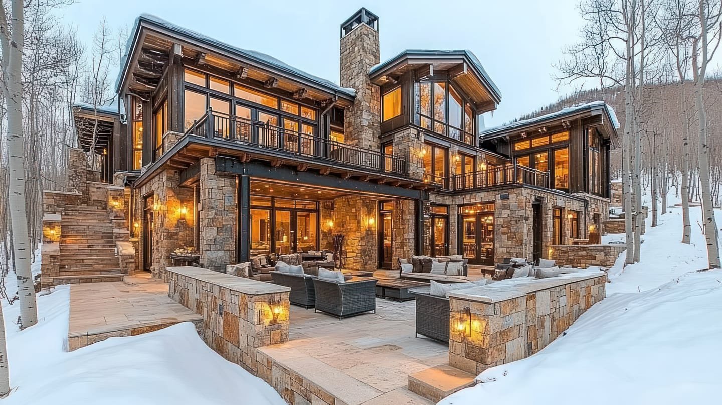 A mountain home lit on a winter evening