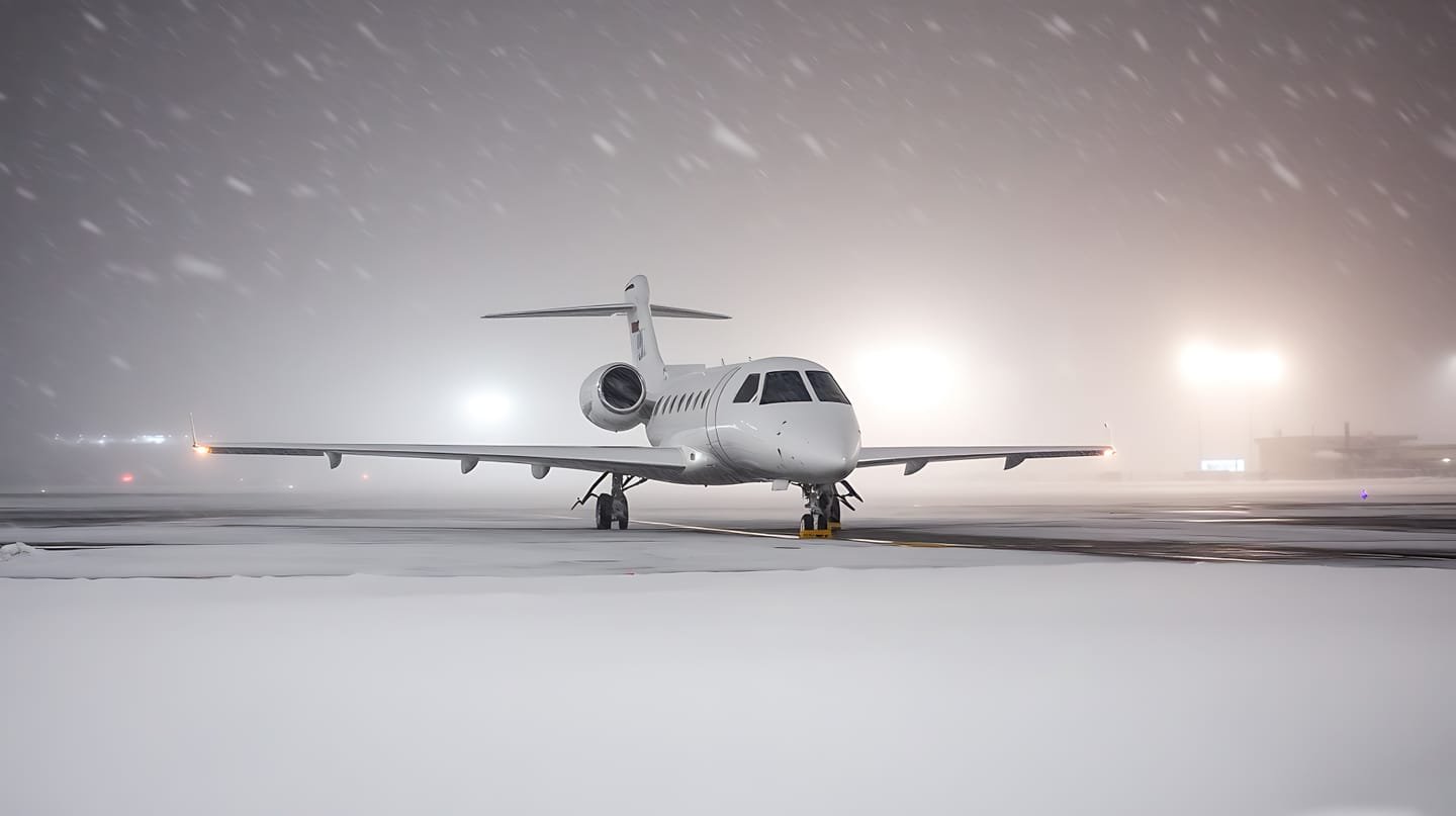 A private jet waiting on the ramp in heavy snowfall