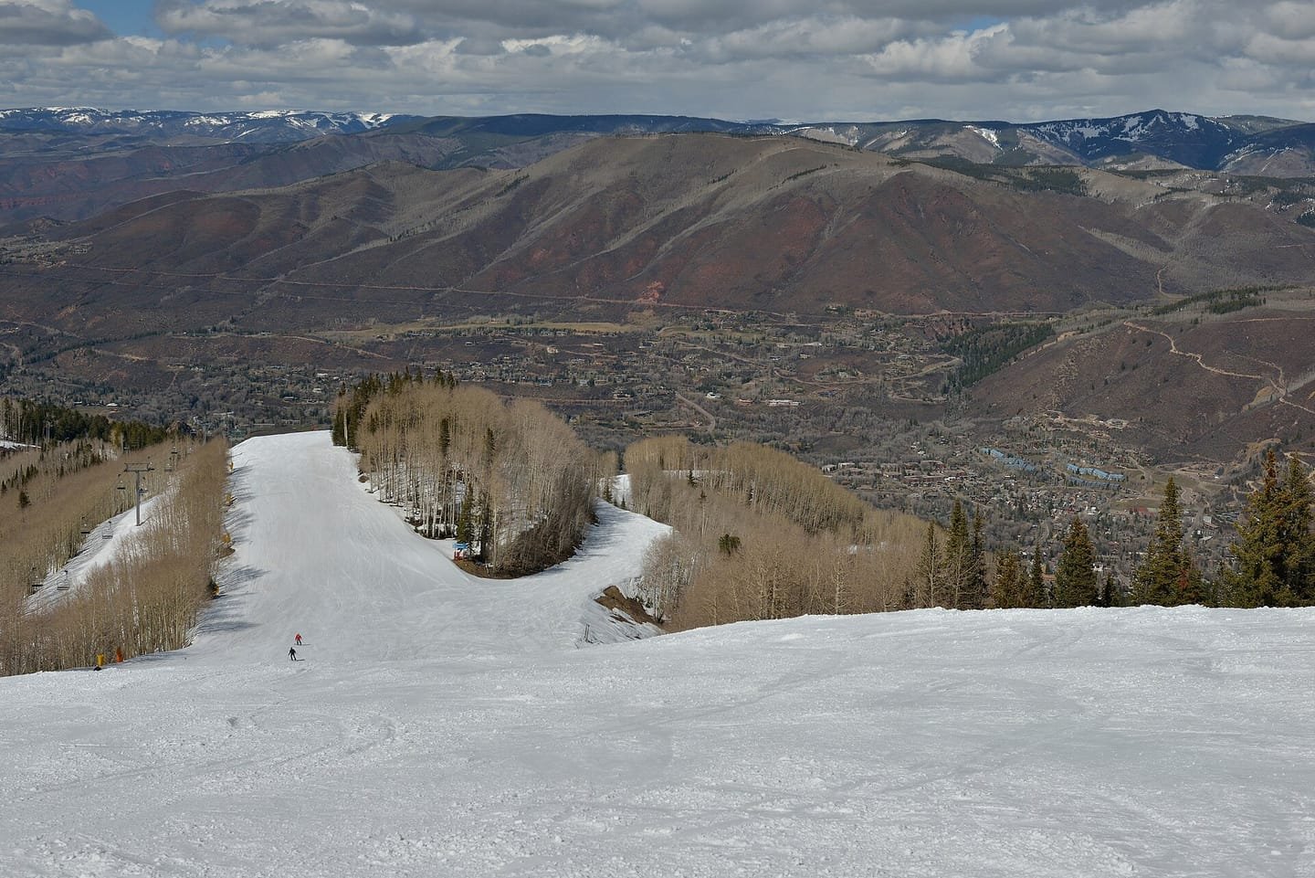 Spring skiing on Aspen Mountain, the valley below