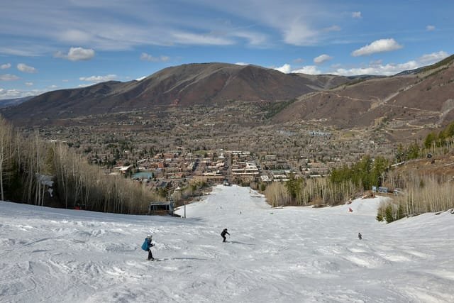 Spring skiing on Aspen Mountain above town