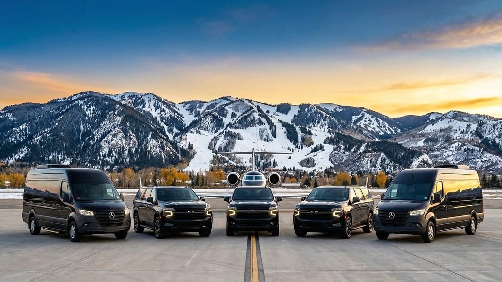 Fleet of black vehicles staged beside a private jet at sunset