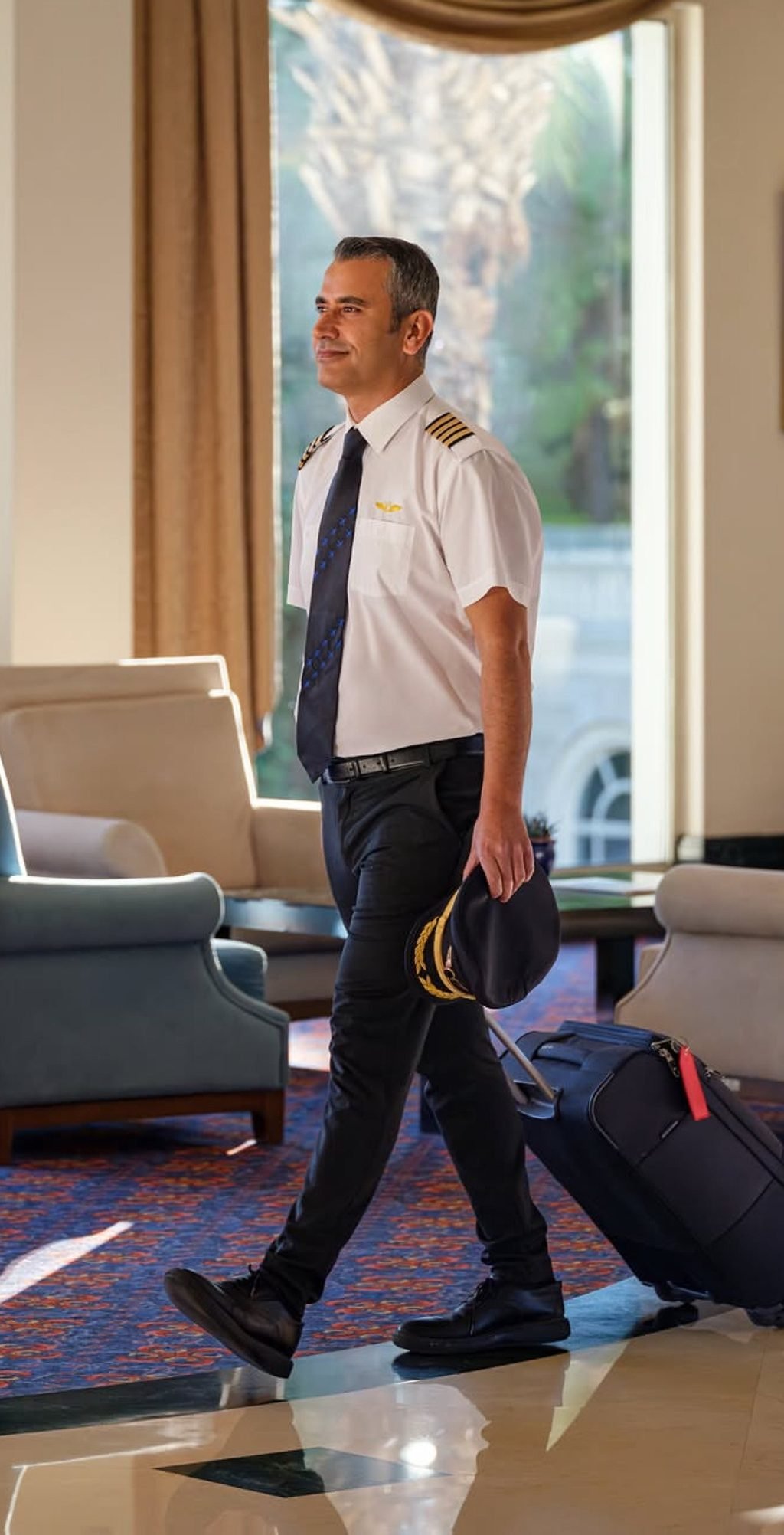 Airline captain arriving at a hotel in uniform with crew luggage
