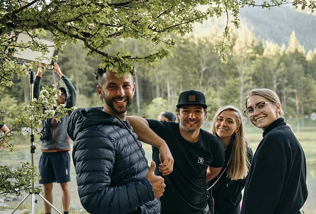 A production team on location in the mountains